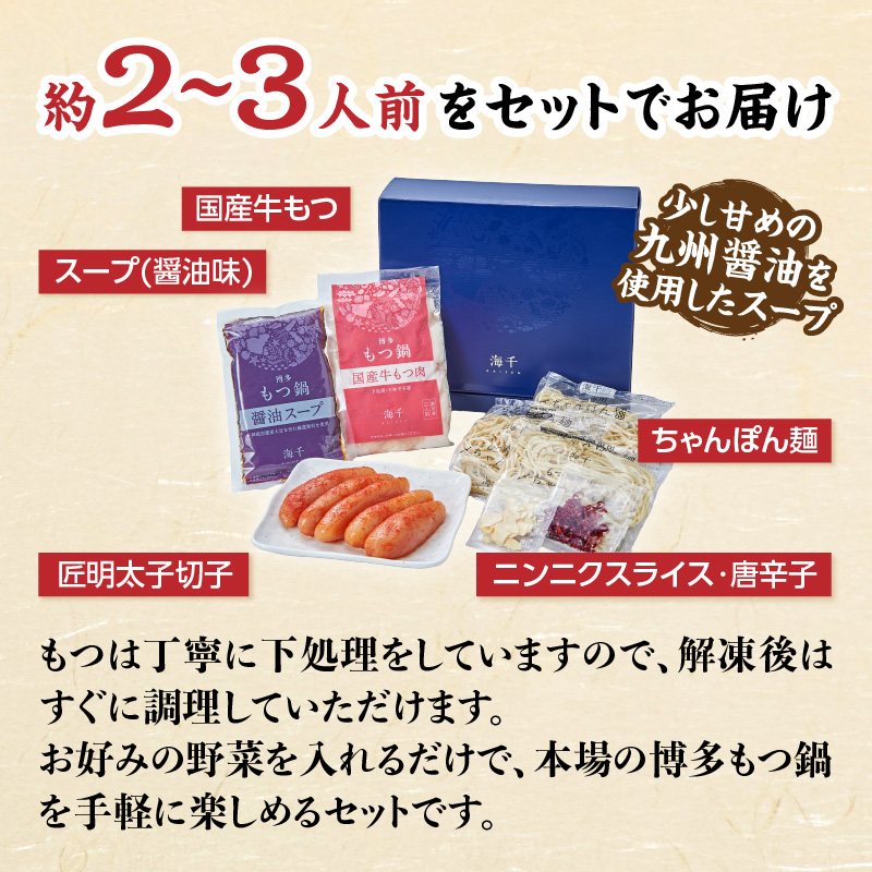 【海千】博多めんたいもつ鍋（2～3人前セット）  もつ鍋 明太子 博多 国産牛もつ ちゃんぽんめん 九州 ヘルシー 野菜たっぷり 福岡県 八女市