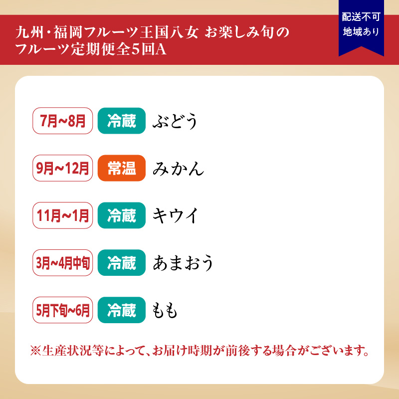 九州・福岡フルーツ王国八女　お楽しみ旬のフルーツ定期便【全５回】A｜＜配送不可：北海道・沖縄・離島＞  イチゴ 苺 いちご あまおう 桃 もも モモ ぶどう 葡萄 みかん 蜜柑 オレンジ キウイ キウイフルーツ 定期便 福岡 八女 北海道・沖縄・離島