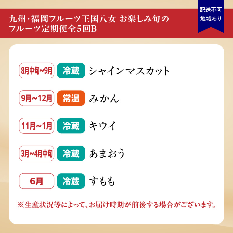 九州・福岡フルーツ王国八女　お楽しみ旬のフルーツ定期便【全５回】B｜＜配送不可：北海道・沖縄・離島＞