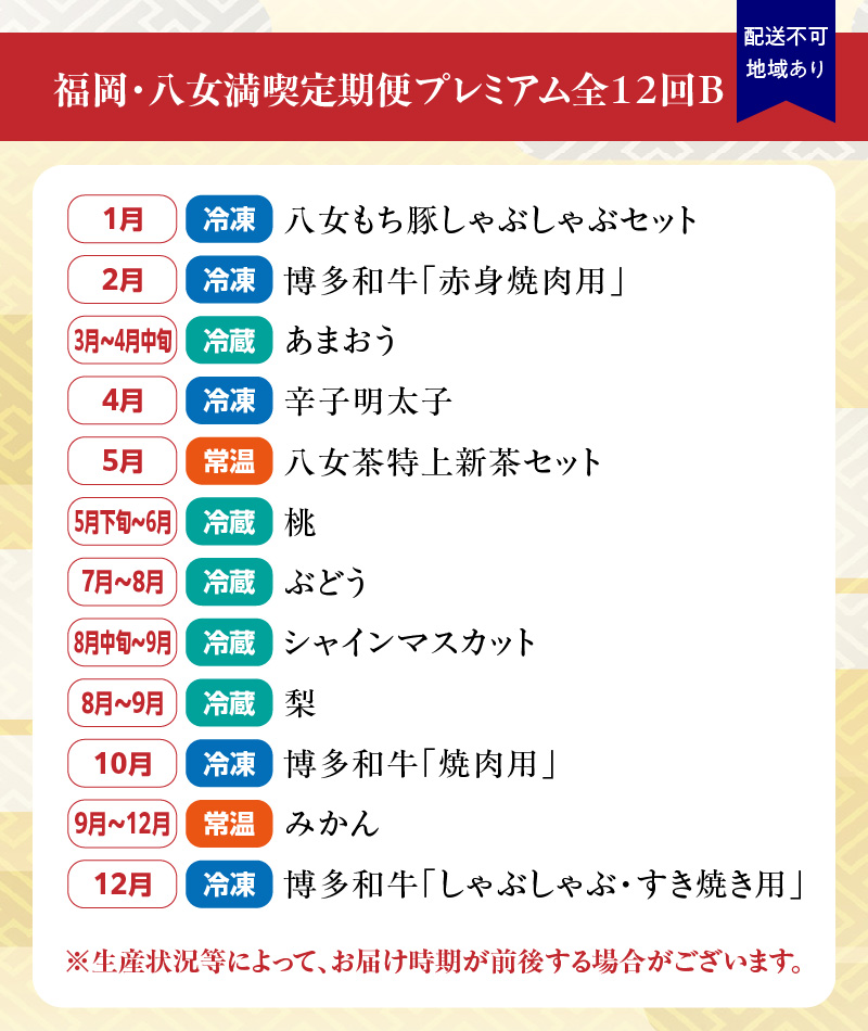 福岡・八女満喫定期便 プレミアム全１２回Ｂ｜＜配送不可：北海道・沖縄・離島＞ 定期便 グルメ 肉 フルーツ 博多和牛 あまおう 辛子明太子 桃 シャインマスカット 梨 みかん 豚しゃぶ 焼肉 明太子 新茶 八女茶 しゃぶしゃぶ すき焼き