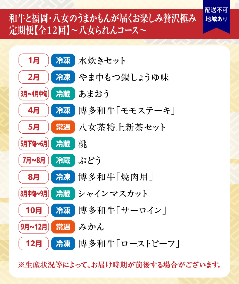 和牛と福岡・八女のうまかもんが届く　お楽しみ贅沢極み定期便【全１２回】～八女られんコース～｜＜配送不可：北海道・沖縄・離島＞