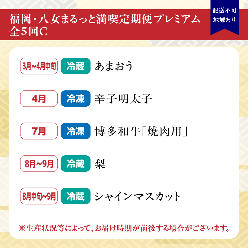 福岡・八女まるっと満喫定期便プレミアム全5回C＜配送不可：北海道・沖縄・離島＞ フルーツ 明太子 牛肉 梨 あまおう シャインマスカット 果物 博多和牛 焼肉 福岡県