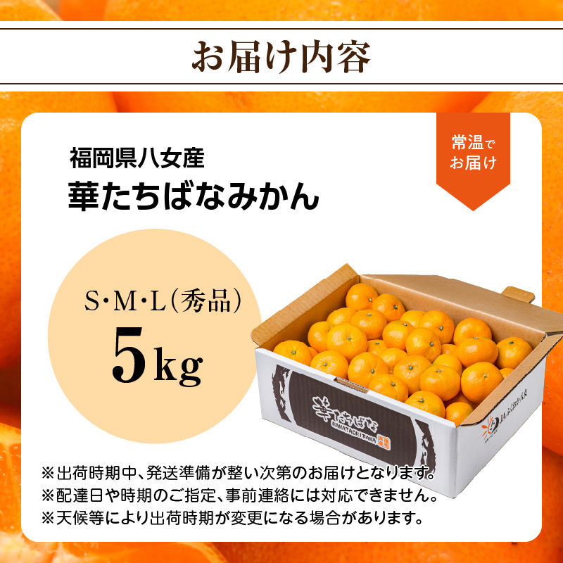 【2026年12月発送開始】華たちばなみかん 5kg｜ＪＡふくおか八女 蜜柑 ミカン 秀品 福岡 果物 フルーツ 先行予約 家庭用 自宅用 送料無料 数量限定 期間限定