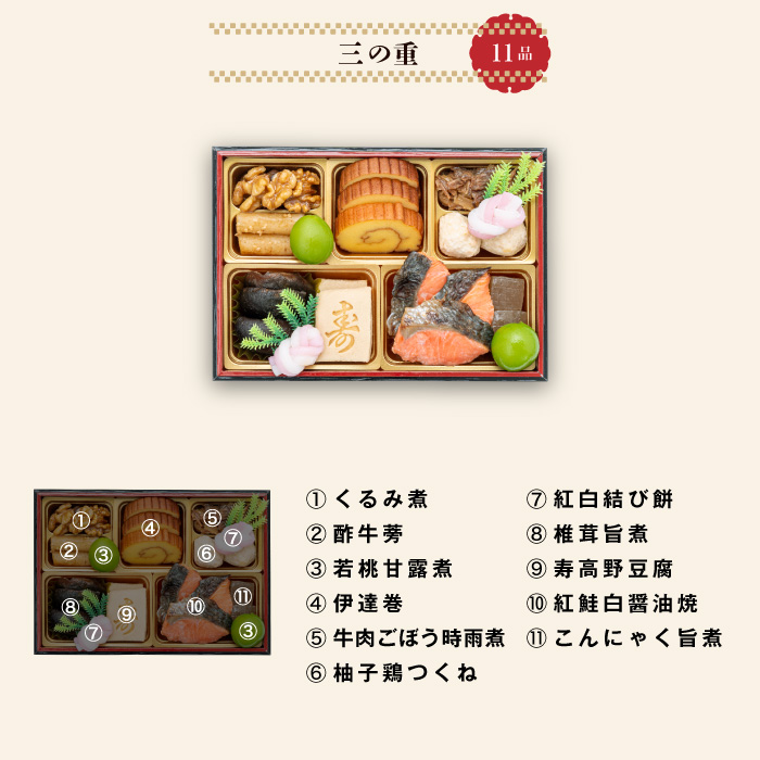 千賀屋謹製 2026年 迎春おせち料理「金千華」和風三段重 2～3人前 全33品 【八女市限定】 おせち 三段重 厳選食材使用 冷蔵 解凍不要 冷蔵お届け 冷蔵配送 家族団欒 老舗料亭監修 人気 グルメ 食品 年内お届け 年内配送 12月30日配送 12月31日配送 指定日配送 正月 新年 少人数 2人前 3人前