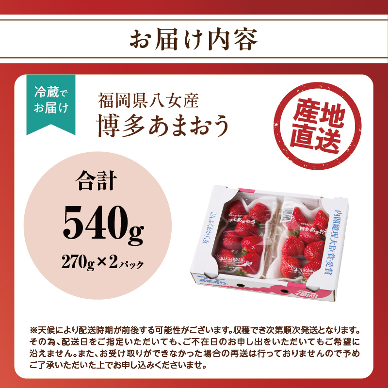 【先行受付：2026年2月発送開始】博多あまおうＧ270g×2パック｜ＪＡふくおか八女 あまおう いちご 苺 イチゴ フルーツ 果物 くだもの 人気  旬 福岡県産 大粒 アフター補償 数量限定 期間限定 産地直送 グランデ 福岡県 八女市
