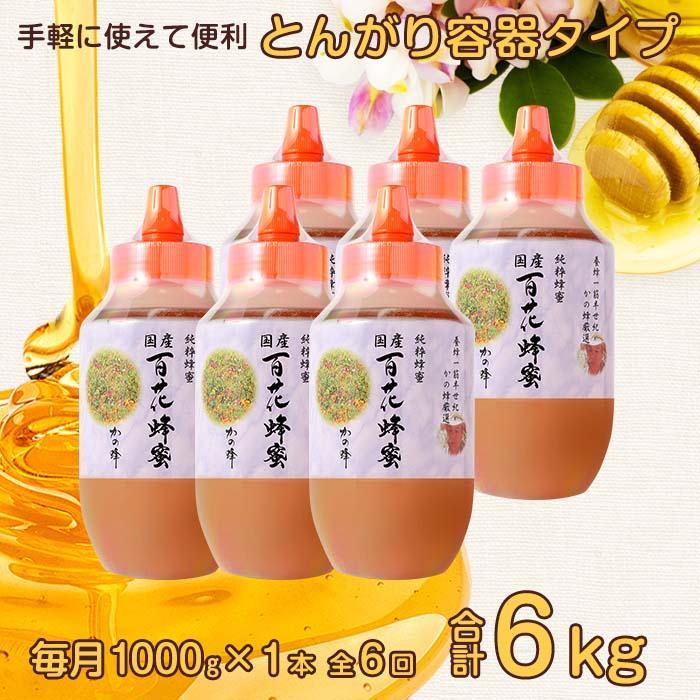 【全6回】 定期便 かの蜂 国産 百花蜂蜜 合計6kg（とんがり容器1kgを毎月1本お届け） 純粋はちみつ ハチミツ 非加熱 ハニー 大容量 定期便 美容 健康 自然食品 福岡県