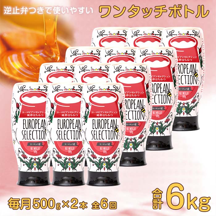 【全6回】 定期便（EU500g×2） かの蜂 純粋蜂蜜 合計6kg（ヨーロピアンセレクション500gを毎月2本お届け）