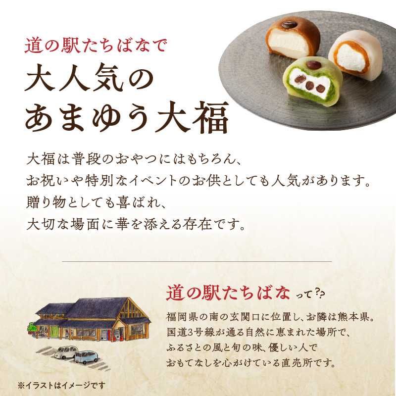 ＜道の駅たちばなオリジナル＞あまゆう大福詰合せ１２個入り 抹茶 キャラメル コーヒー 和菓子 洋菓子 八女茶 スイーツ 大福 セット 詰め合せ 福岡県 八女市
