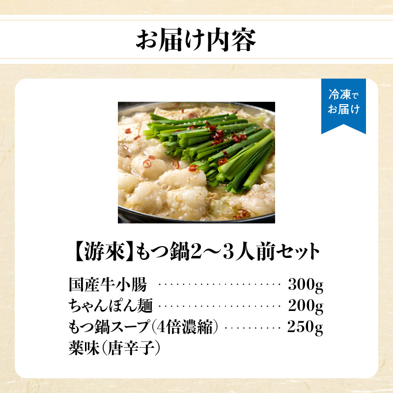 【游來】もつ鍋2～3人前セット  モツ もつ ホルモン 鍋 新感覚 スープ 〆付き 麺 ちゃんぽん麺 セット 冷凍配送 簡単 調理 福岡県 八女市