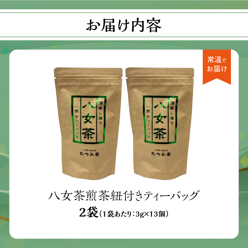 【たつみ園】八女茶 煎茶紐付きティーバッグ 3g×13包入 2個セット【メール便】  お茶 手軽 ティーバッグ 美味しい 緑茶 煎茶 水出し お取り寄せ ギフト 福岡県 八女市