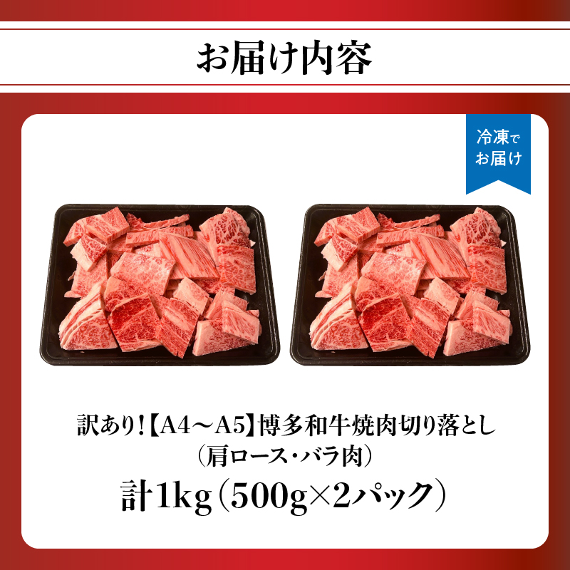 訳あり！【A4～A5】博多和牛焼肉切り落とし(肩ロース・バラ） 1kg(500g×2p)  肉 お肉 和牛 黒毛和牛 博多和牛 A4 A5 焼肉 BBQ バーベキュー 肩ロース バラ カルビ 贈り物 化粧箱 福岡県 八女市