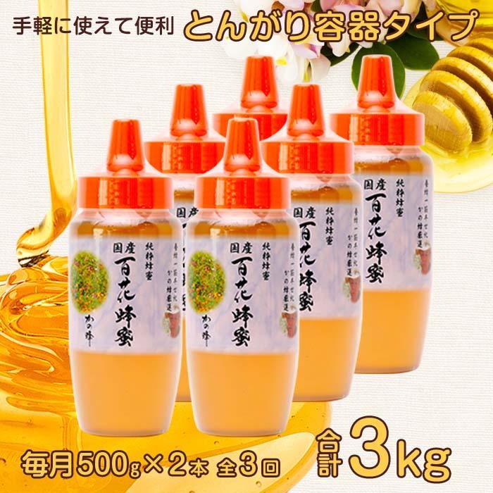 【全3回】 定期便 かの蜂 国産 百花蜂蜜 合計3kg（とんがり容器500gを毎月2本お届け） 国産蜂蜜 百花蜂蜜 定期便 ハチミツ かの蜂 健康食品 とんがり容器 贈り物 朝食 美容
