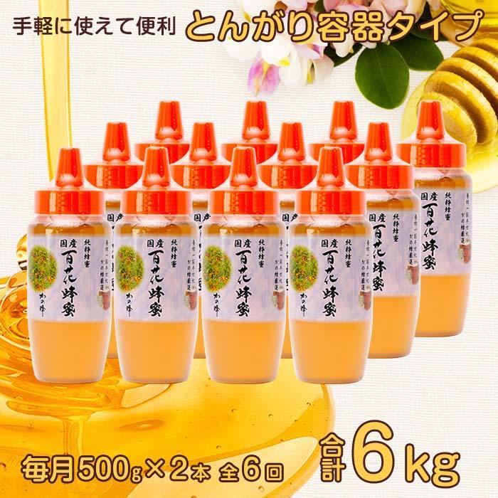【全6回】 定期便 かの蜂 国産 百花蜂蜜 合計6kg（とんがり容器500gを毎月2本お届け） 純粋はちみつ ハチミツ 非加熱 ハニー 大容量 長期保存 美容 健康 健康食品 定期便