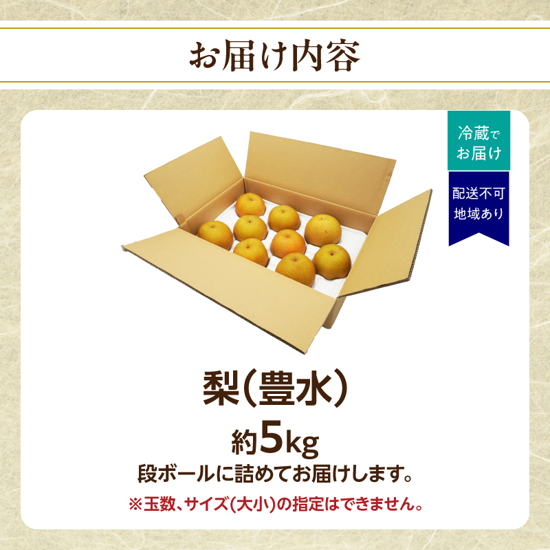 産地直送！ 梨(豊水) 約5kg 【2026年8～9月発送】九州・福岡フルーツ王国八女 ＜配送不可：北海道・沖縄・離島＞ なし ナシ 果物 果実 フルーツ 先行予約 デザート 旬 新鮮 甘い 甘み ジューシー みずみずしい 果汁 国産 季節限定 冷蔵配送 数量限定 秋の味覚
