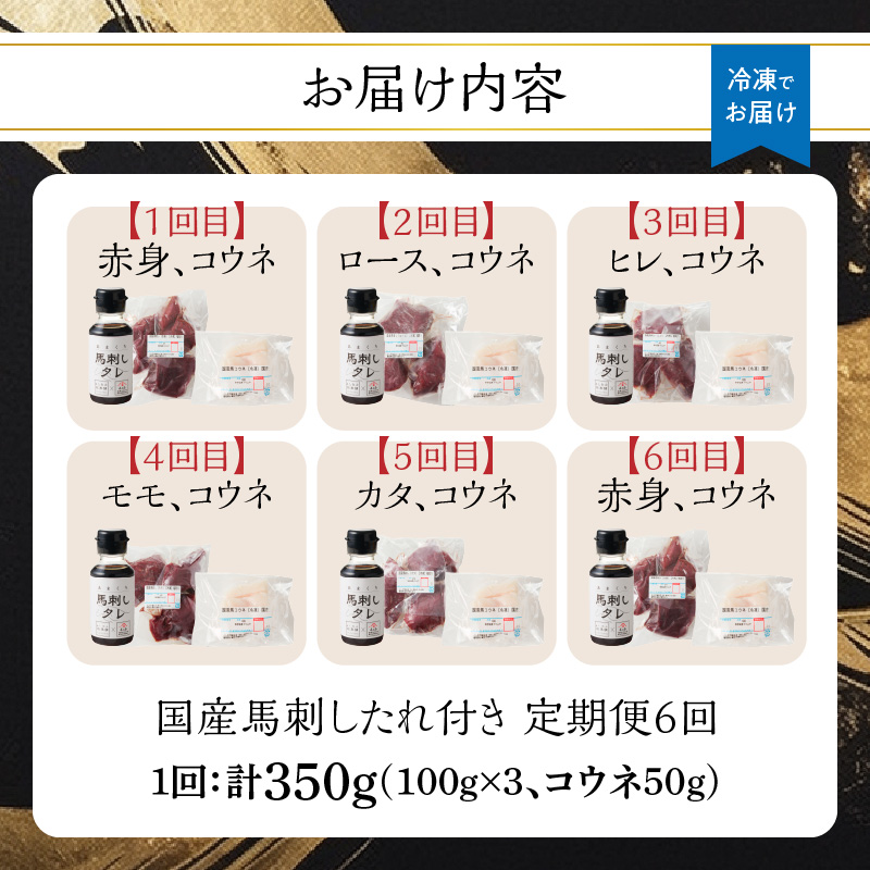 贅沢 国産 馬刺し コウネセット 350g たれ付き 6回定期便 【赤身×2・ロース・ヒレ・モモ・カタ】  馬刺し 馬刺 国産 肉 馬肉 食べ比べ 国産馬刺し 赤身 ロース ヒレ モモ カタ コウネ たれ付き 6回 定期便 おつまみ 晩酌 食べきり 小分け 福岡県 八女市