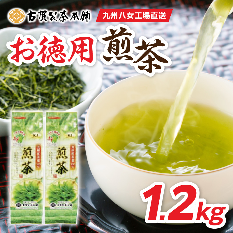 創業200年の老舗・古賀製茶本舗 九州八女工場直送お徳用煎茶1.2kg お茶 茶 八女茶 日本茶 煎茶 産地直送 たっぷり 大容量 チャック付き 福岡県 八女市