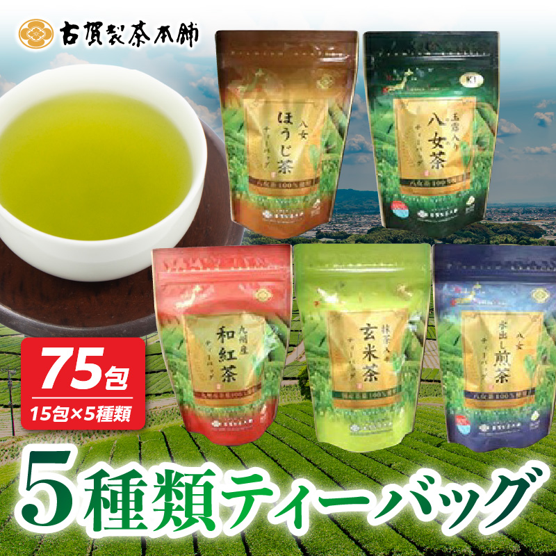 八女茶の老舗・古賀製茶本舗 5種類のティーバッグ たっぷり75包入り 茶 お茶 日本茶 緑茶 八女茶 飲み比べ 玉露 煎茶 ほうじ茶 和紅茶 玄米茶 福岡県 八女市