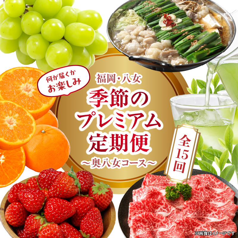 福岡・八女　季節のお楽しみプレミアム定期便【奥八女コース】全15回 肉 野菜 フルーツ 果物 九州 グルメ 食べ物 旬の味覚 いちご あまおう シャインマスカット もつ鍋 特産品 奥八女 八女 福岡 定期便