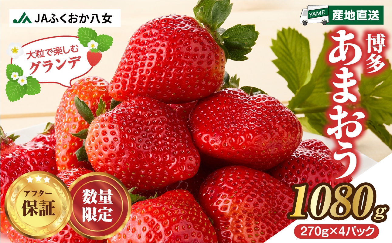 【先行受付：2026年2月発送開始】博多あまおうＧ270g×4パック｜ＪＡふくおか八女 あまおう いちご 苺 イチゴ フルーツ 果物 くだもの 人気 旬 福岡県産 大粒 アフター補償 数量限定 期間限定 産地直送 グランデ 福岡県 八女市