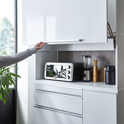 食器棚 レンジ台 ナポリ スライドアップ扉タイプ 幅120【カラー:鏡面ホワイト】【配送不可地域：離島】