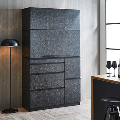 食器棚 レンジ台 ナポリ スライドアップ扉タイプ 幅120【カラー:ストーンブラック】【配送不可地域：離島】