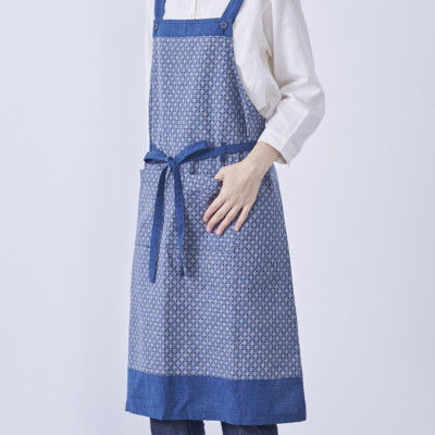 筑後産織物　井桁柄キッチンエプロン 　青