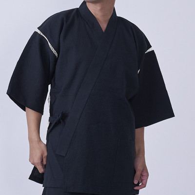 筑後市産の織物　紳士用甚平(しじら織・無地) 黒 Lサイズ