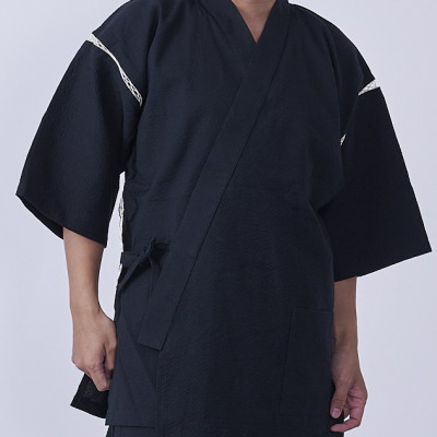 筑後市産織物　紳士用甚平(しじら織・無地) 黒 LLサイズ