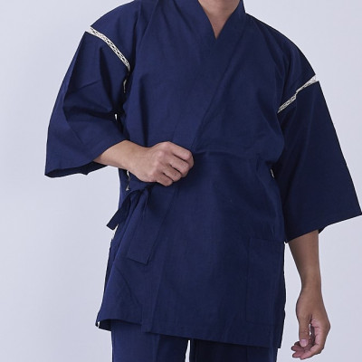 筑後市産の織物　紳士用甚平(しじら織・無地) 濃紺 Mサイズ