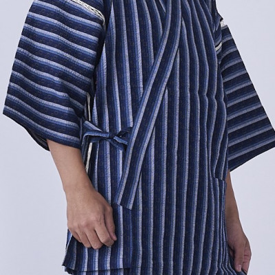 筑後市産織物　紳士用甚平(しじら織・縞柄) 紺 Mサイズ