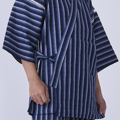 筑後市産織物　紳士用甚平(しじら織・縞柄) 紺 Lサイズ
