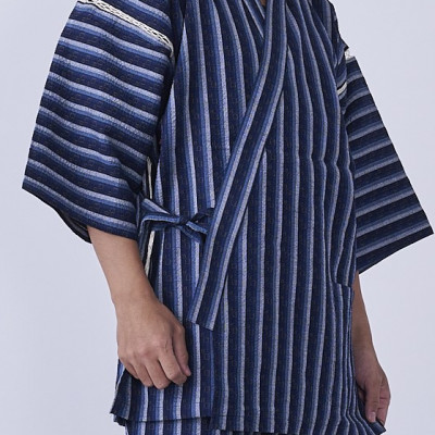 筑後市産織物　紳士用甚平(しじら織・縞柄) 紺 LLサイズ