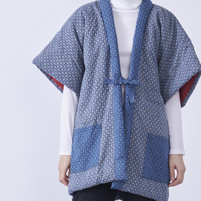 筑後市産織物　婦人井桁柄やっこはんてん　青