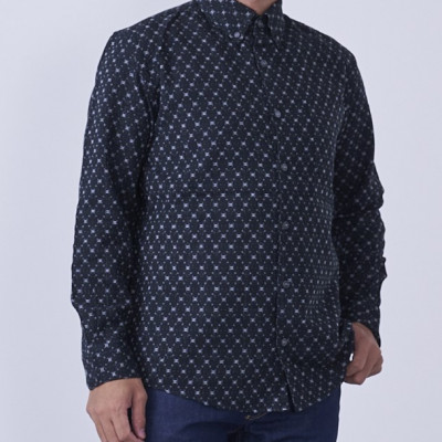 福岡県筑後市産織物　グノマ柄紳士シャツ　黒　Lサイズ