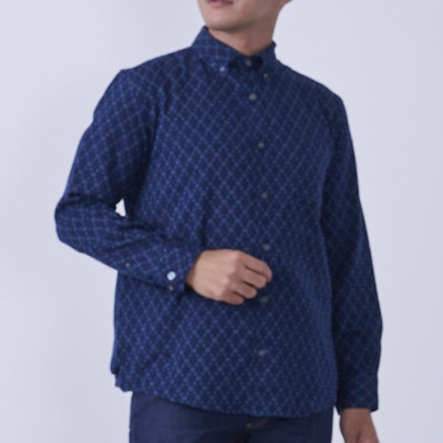 福岡県筑後市産織物　グノマ柄紳士シャツ　紺　Mサイズ
