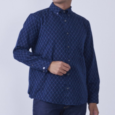 福岡県筑後市産織物　グノマ柄紳士シャツ　紺　Lサイズ