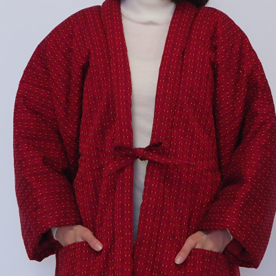 筑後市産織物　婦人　雨だれ柄はんてん　赤