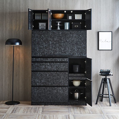 食器棚 レンジ台 ナポリ スライドアップ扉タイプ 幅120【カラー:ストーンブラック】【配送不可地域：離島】