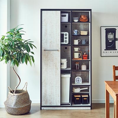 幅92.7cm引き戸食器棚 L.A.【カラー:アンティークホワイト】【配送不可地域：離島】