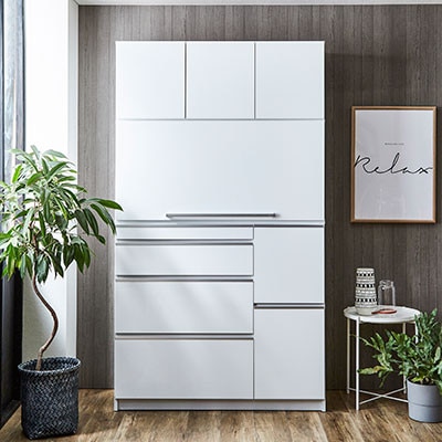 食器棚 レンジ台 ナポリ スライドアップ扉タイプ 幅120【カラー:鏡面ホワイト】【配送不可地域：離島】