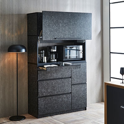 食器棚 レンジ台 ナポリ スライドアップ扉タイプ 幅120【カラー:ストーンブラック】【配送不可地域：離島】