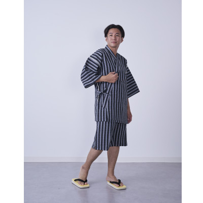 筑後市産の織物紳士用甚平(しじら織・縞柄) 黒 Lサイズ