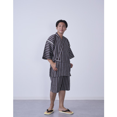 筑後市産織物　紳士用甚平(しじら織・縞柄) 茶 Mサイズ