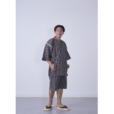 筑後市産織物　紳士用甚平(しじら織・縞柄) 茶 LLサイズ