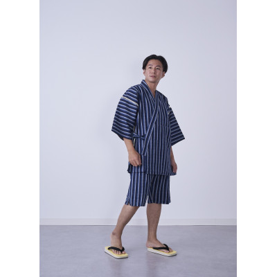 筑後市産織物　紳士用甚平(しじら織・縞柄) 紺 Mサイズ