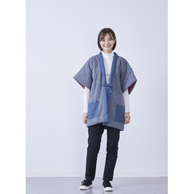 筑後市産織物　婦人井桁柄やっこはんてん　青