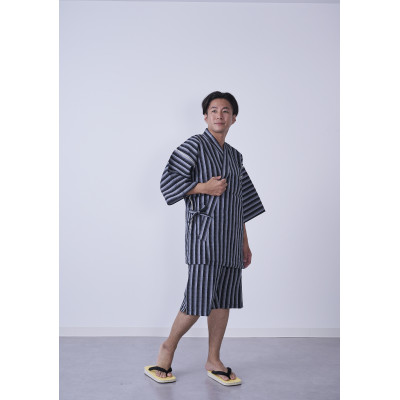 筑後市産の織物 紳士用甚平(しじら織・縞柄) 黒 LLサイズ