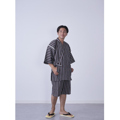 筑後市産織物 紳士用甚平(しじら織・縞柄) 茶 Lサイズ