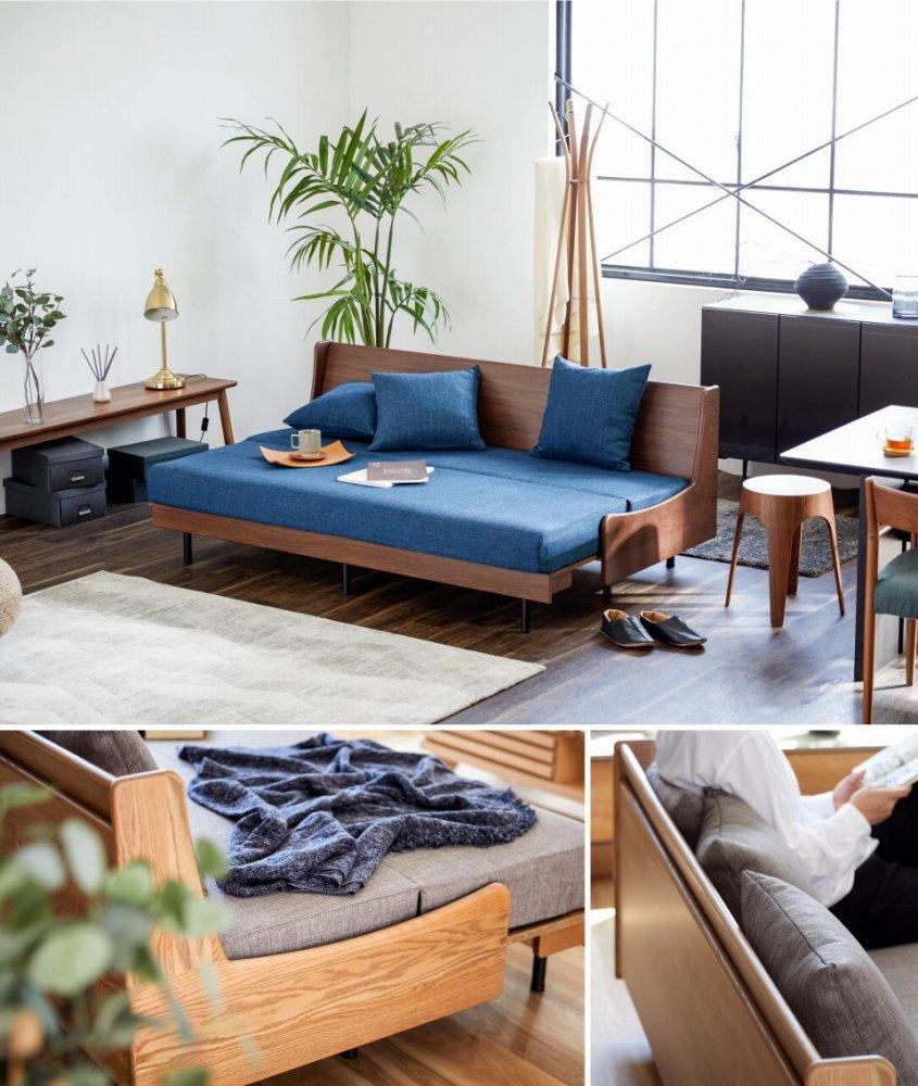 ソファベッド 3人掛け エスタート 180cm：オークブラウン×ネイビー【モーブル】【大川家具】