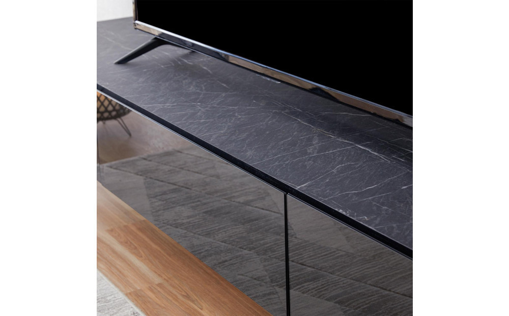 テレビボード 幅220cm ローボード テレビ台 リスボン グラスブラック×マーブルブラック 【モーブル】【大川家具】